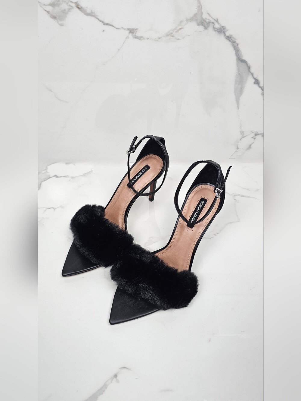 BCBGMAXAZRIA Denli Black Faux Fur Pointed Toe Ankle Strap Heels - Size 7.5 NEW